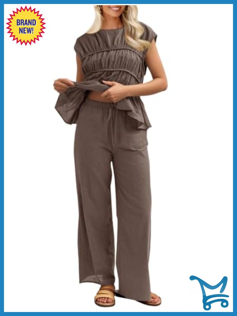 Women's 2 Piece Set Linen Babydoll Peplum Tank Top And Pants Set Summer Travel